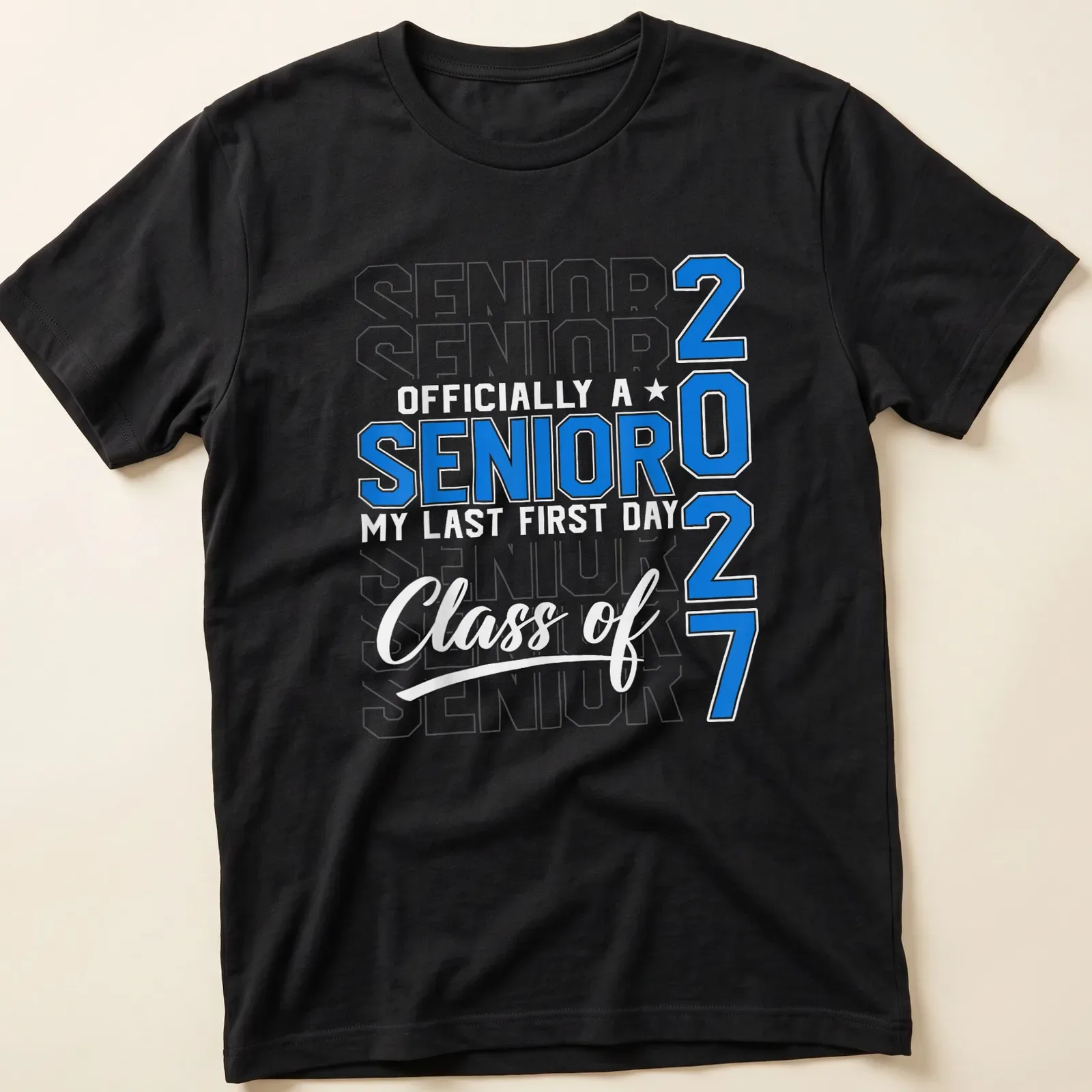 Bold collegiate design featuring senior year text in blue and white — printed on a unisex t-shirt