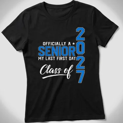 Bold collegiate design featuring senior year text in blue and white — printed on a women's shirt