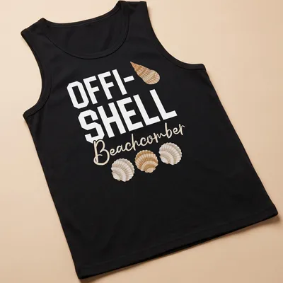 Minimalist design featuring shells with OFFI-SHELL Beachcomber text in beige and light brown. — printed on a tank top