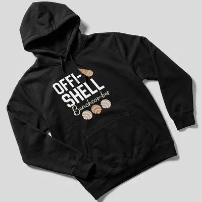 Minimalist design featuring shells with OFFI-SHELL Beachcomber text in beige and light brown. — printed on a unisex hoodie