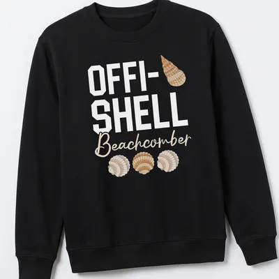 Minimalist design featuring shells with OFFI-SHELL Beachcomber text in beige and light brown. — printed on a unisex sweatshirt