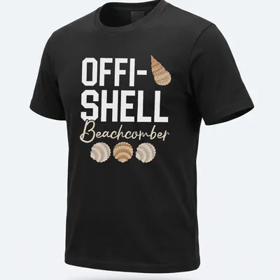 Minimalist design featuring shells with OFFI-SHELL Beachcomber text in beige and light brown.