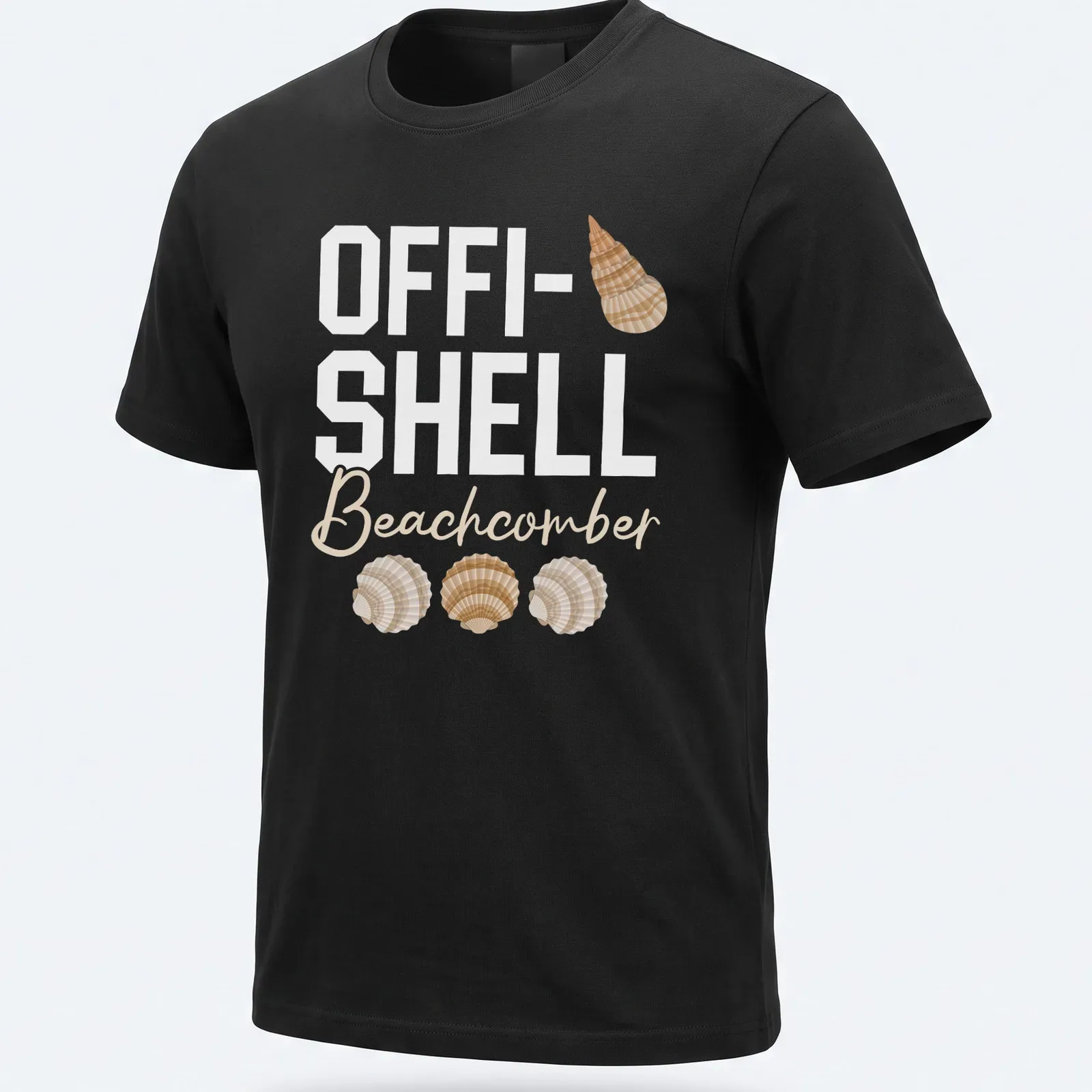 Minimalist design featuring shells with OFFI-SHELL Beachcomber text in beige and light brown. — printed on a unisex t-shirt