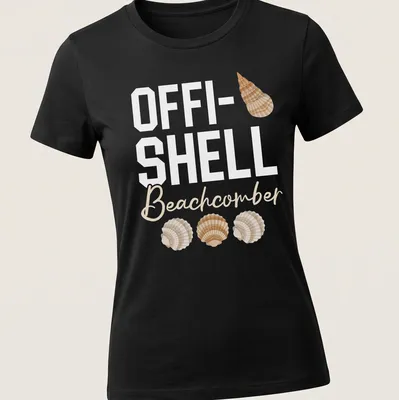 Minimalist design featuring shells with OFFI-SHELL Beachcomber text in beige and light brown. — printed on a women's shirt
