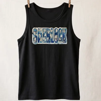 Detailed illustration of Sherlock characters with the word 'SHERLOCK' — printed on a tank top