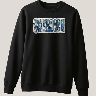 Detailed illustration of Sherlock characters with the word 'SHERLOCK' — printed on a unisex sweatshirt