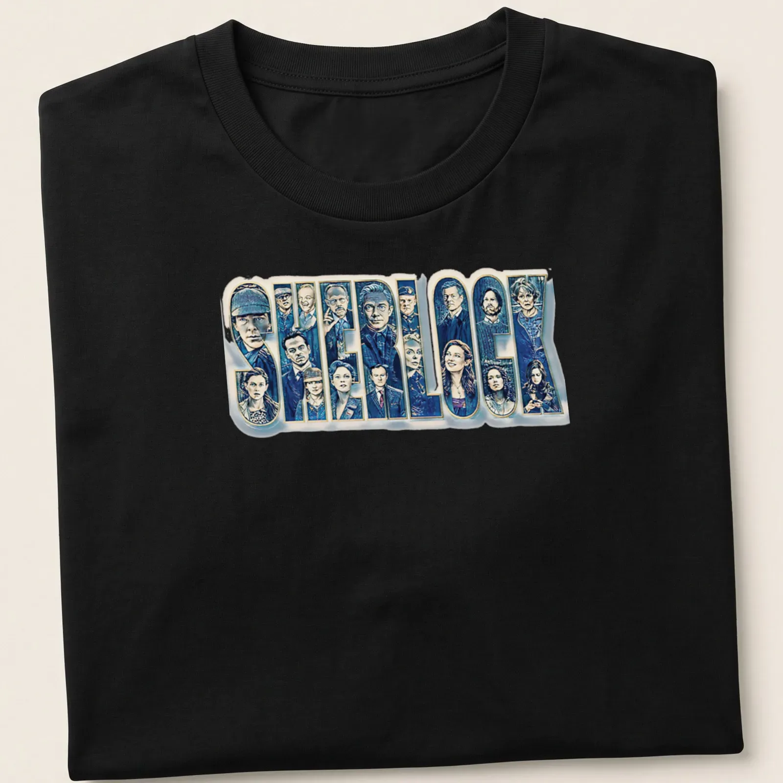 Detailed illustration of Sherlock characters with the word 'SHERLOCK' — printed on a unisex t-shirt