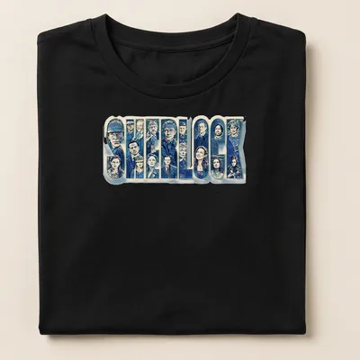 Detailed illustration of Sherlock characters with the word 'SHERLOCK' — printed on a women's shirt