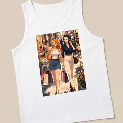 Anime-style illustration of two women happily shopping, colorful design — printed on a tank top