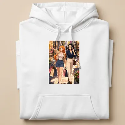 Anime-style illustration of two women happily shopping, colorful design — printed on a unisex hoodie