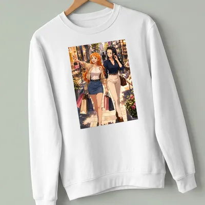 Anime-style illustration of two women happily shopping, colorful design — printed on a unisex sweatshirt