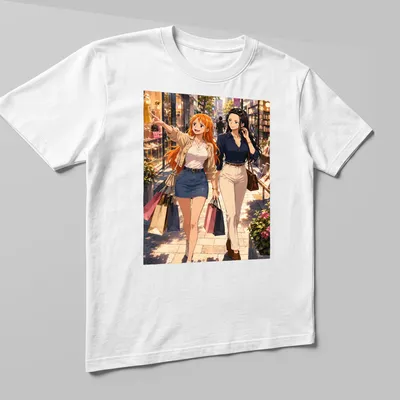 Anime-style illustration of two women happily shopping, colorful design — printed on a unisex t-shirt (angled view)