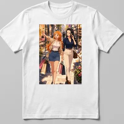 Anime-style illustration of two women happily shopping, colorful design