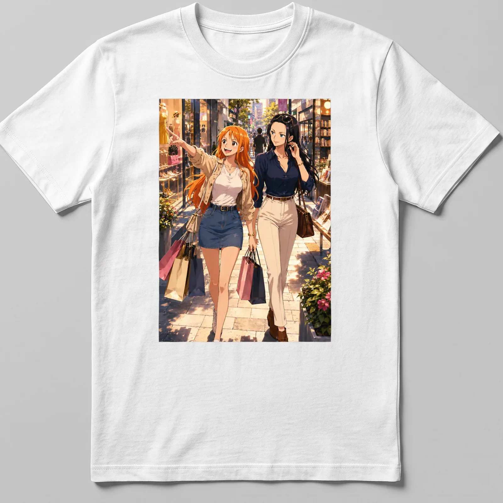 Anime-style illustration of two women happily shopping, colorful design — printed on a unisex t-shirt