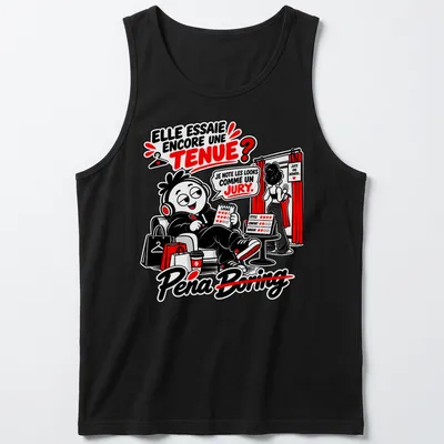 Kawaii line-art graphic of a character judging outfits with a notepad — printed on a tank top