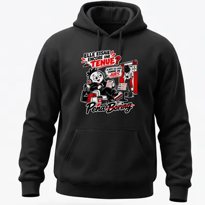 Kawaii line-art graphic of a character judging outfits with a notepad — printed on a unisex hoodie