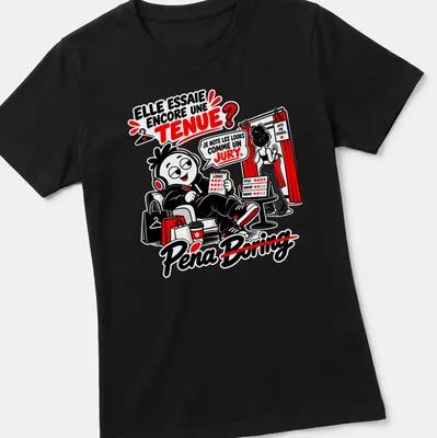 Kawaii line-art graphic of a character judging outfits with a notepad — printed on a women's shirt