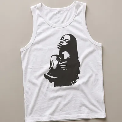 Monochromatic silhouette of a woman with 'code Love deluxe' text in black and white — printed on a tank top