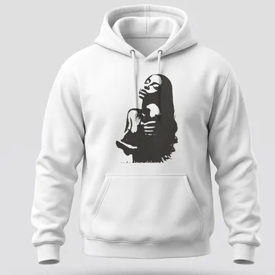 Monochromatic silhouette of a woman with 'code Love deluxe' text in black and white — printed on a unisex hoodie