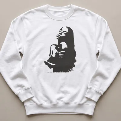 Monochromatic silhouette of a woman with 'code Love deluxe' text in black and white — printed on a unisex sweatshirt