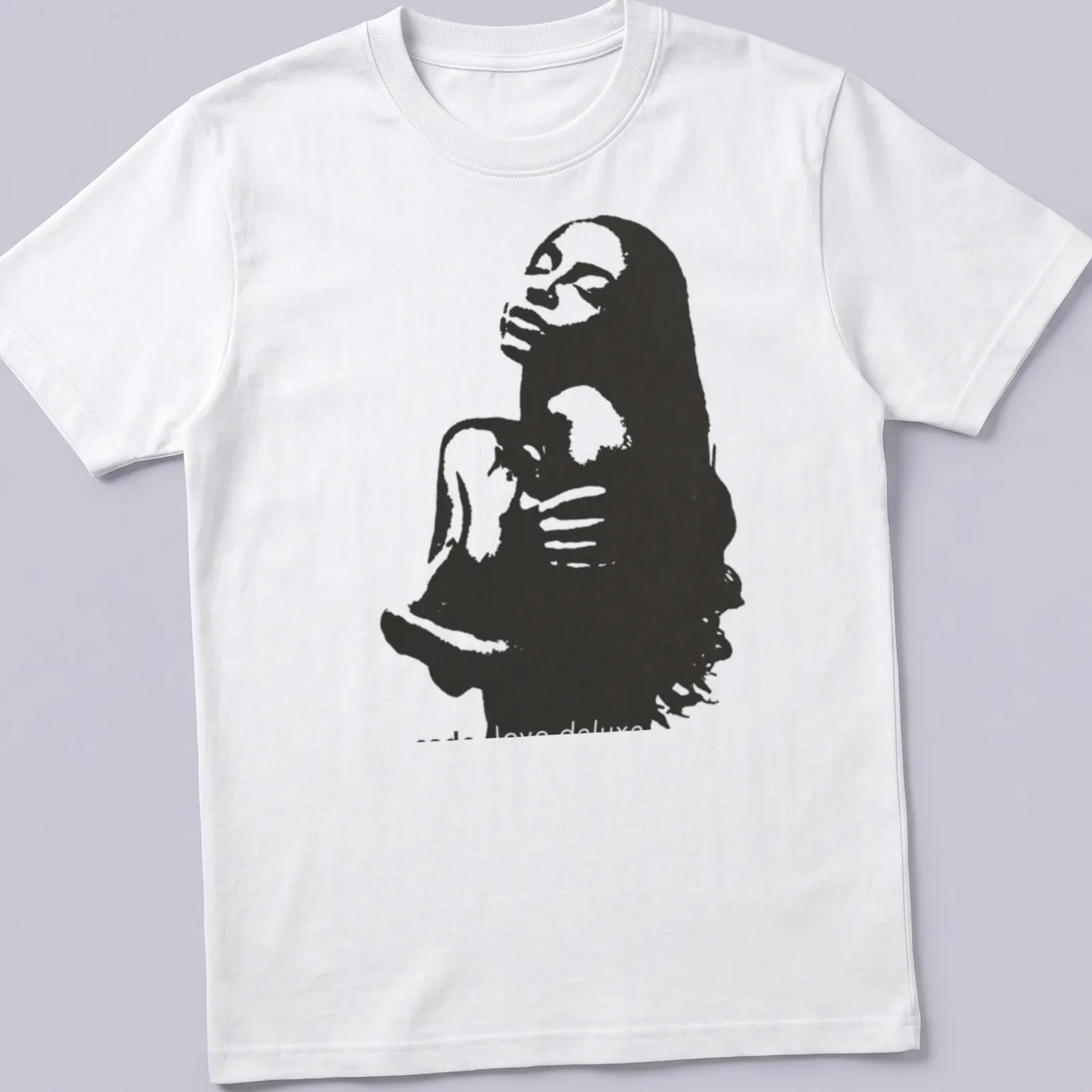 Monochromatic silhouette of a woman with 'code Love deluxe' text in black and white — printed on a unisex t-shirt