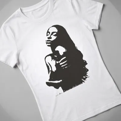 Monochromatic silhouette of a woman with 'code Love deluxe' text in black and white — printed on a women's shirt