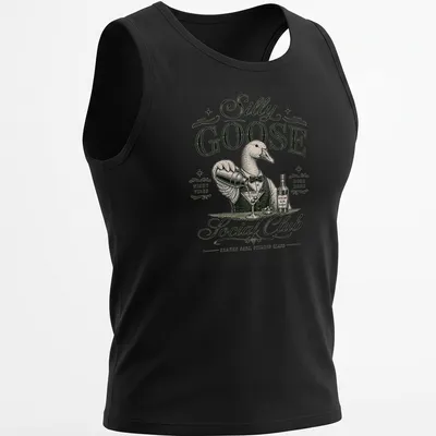 Vintage illustration of a silly goose bartender with humorous text about night vibes — printed on a tank top