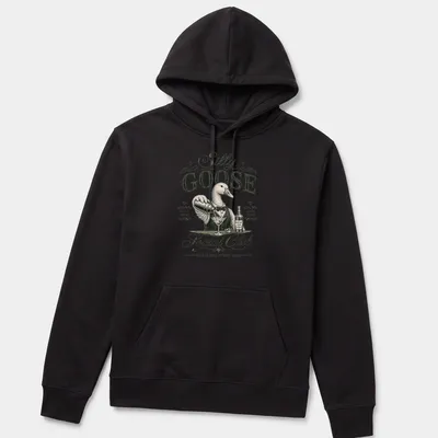Vintage illustration of a silly goose bartender with humorous text about night vibes — printed on a unisex hoodie