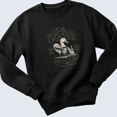 Vintage illustration of a silly goose bartender with humorous text about night vibes — printed on a unisex sweatshirt
