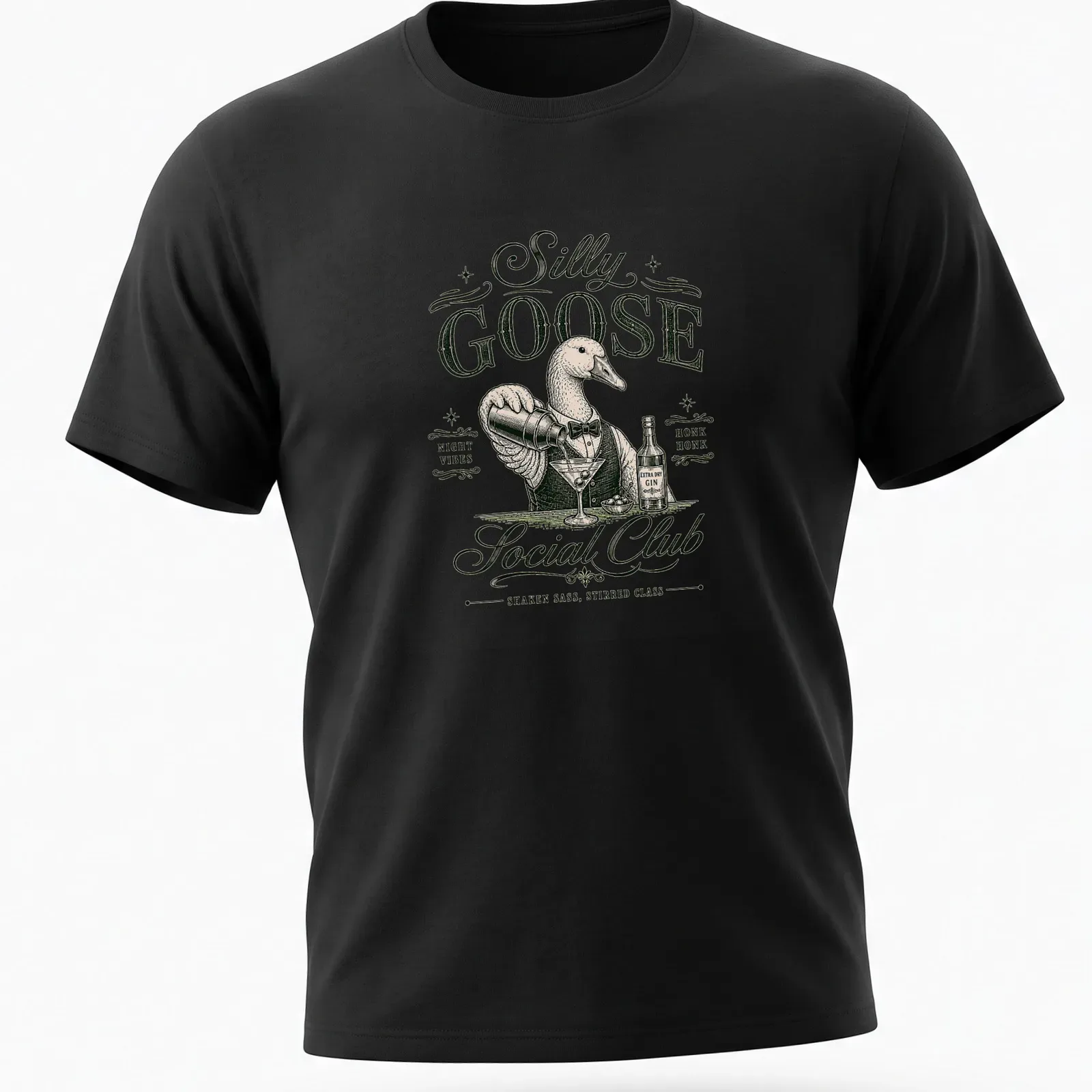 Vintage illustration of a silly goose bartender with humorous text about night vibes — printed on a unisex t-shirt