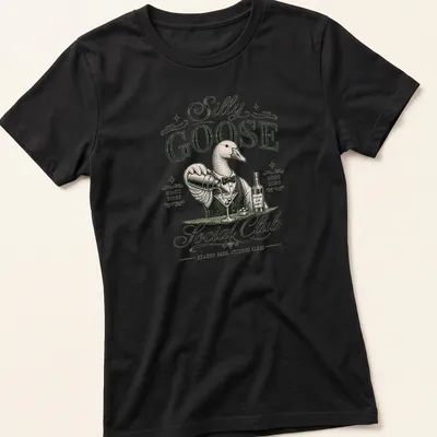 Vintage illustration of a silly goose bartender with humorous text about night vibes — printed on a women's shirt