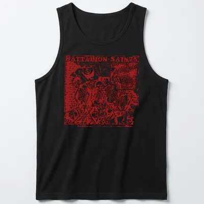 Punk art t-shirt featuring skeleton band members with bold text. — printed on a tank top