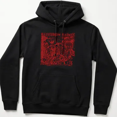 Punk art t-shirt featuring skeleton band members with bold text. — printed on a unisex hoodie