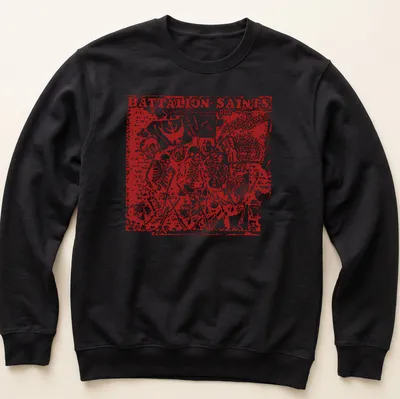 Punk art t-shirt featuring skeleton band members with bold text. — printed on a unisex sweatshirt