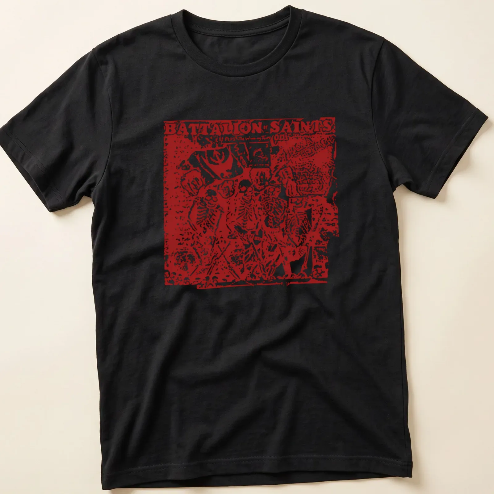 Punk art t-shirt featuring skeleton band members with bold text. — printed on a unisex t-shirt