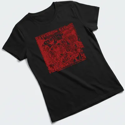 Punk art t-shirt featuring skeleton band members with bold text. — printed on a women's shirt