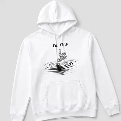 Skeleton hand giving a thumbs up with text 'I'm fine' in line-art style — printed on a unisex hoodie