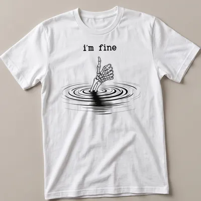 Skeleton hand giving a thumbs up with text 'I'm fine' in line-art style