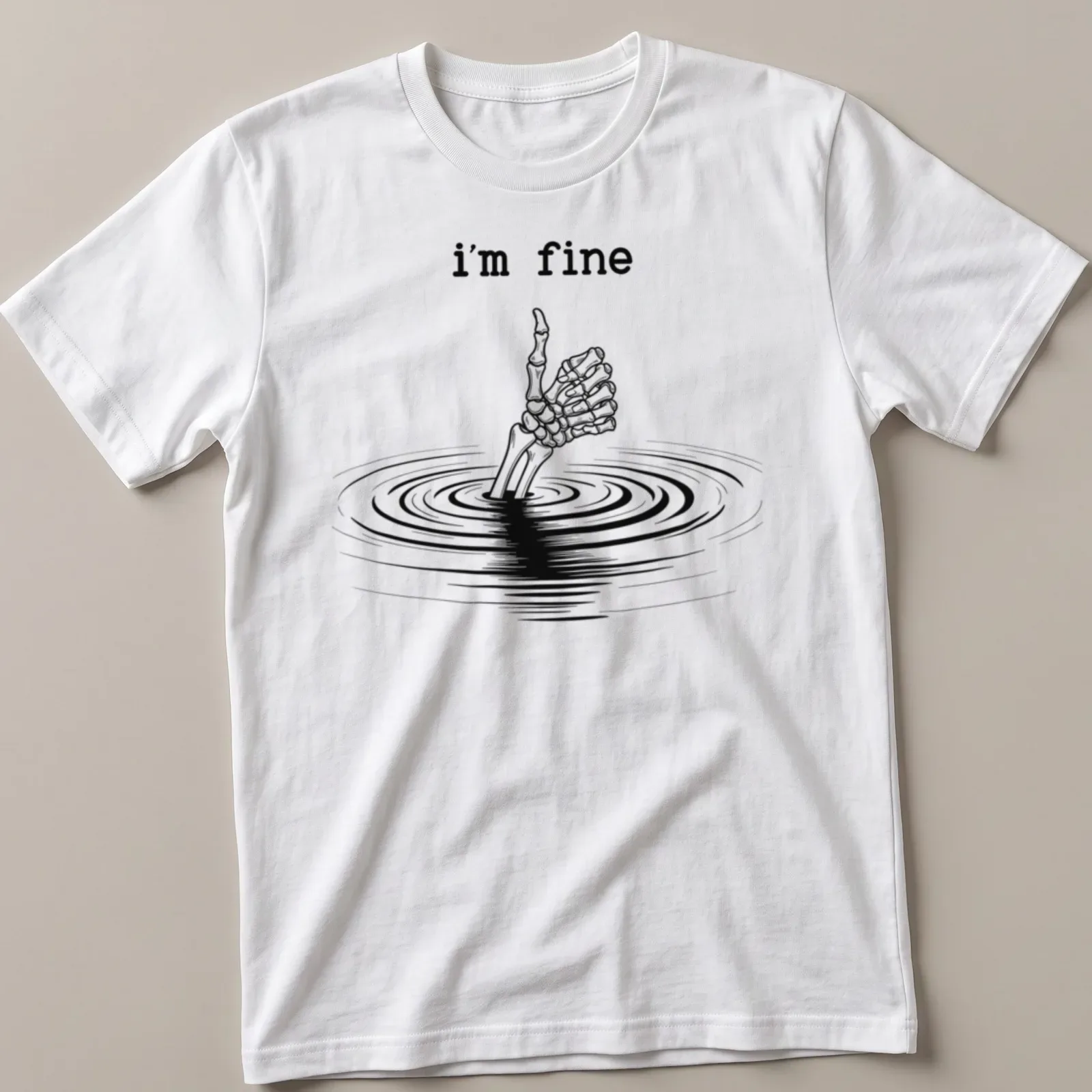 Skeleton hand giving a thumbs up with text 'I'm fine' in line-art style — printed on a unisex t-shirt