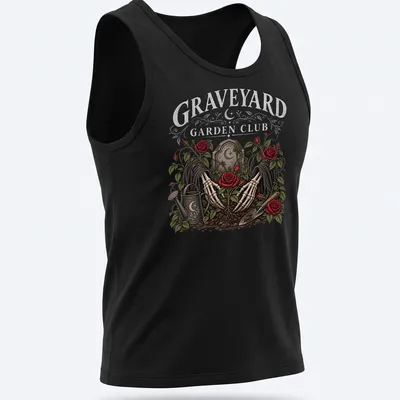 Gothic design featuring skeleton hands holding roses with graveyard theme elements — printed on a tank top