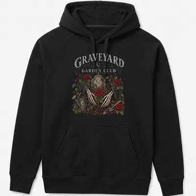 Gothic design featuring skeleton hands holding roses with graveyard theme elements — printed on a unisex hoodie