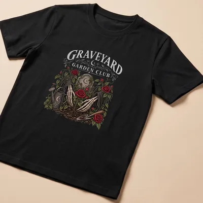 Gothic design featuring skeleton hands holding roses with graveyard theme elements