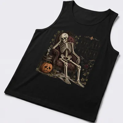 Vintage skeleton lounging in chair with 'Dead Tired' slogan in bold letters — printed on a tank top
