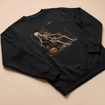 Vintage skeleton lounging in chair with 'Dead Tired' slogan in bold letters — printed on a unisex sweatshirt