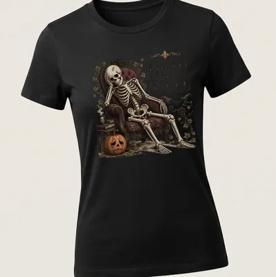 Vintage skeleton lounging in chair with 'Dead Tired' slogan in bold letters — printed on a women's shirt
