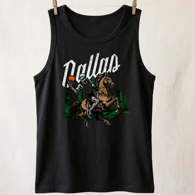 Vintage comic style Skeleton Rider graphic with basketball and Dallas text — printed on a tank top