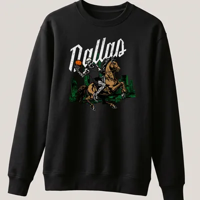 Vintage comic style Skeleton Rider graphic with basketball and Dallas text — printed on a unisex sweatshirt