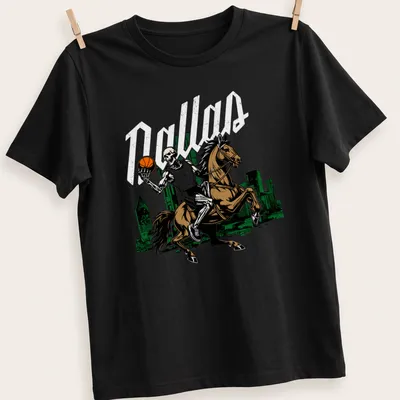 Vintage comic style Skeleton Rider graphic with basketball and Dallas text
