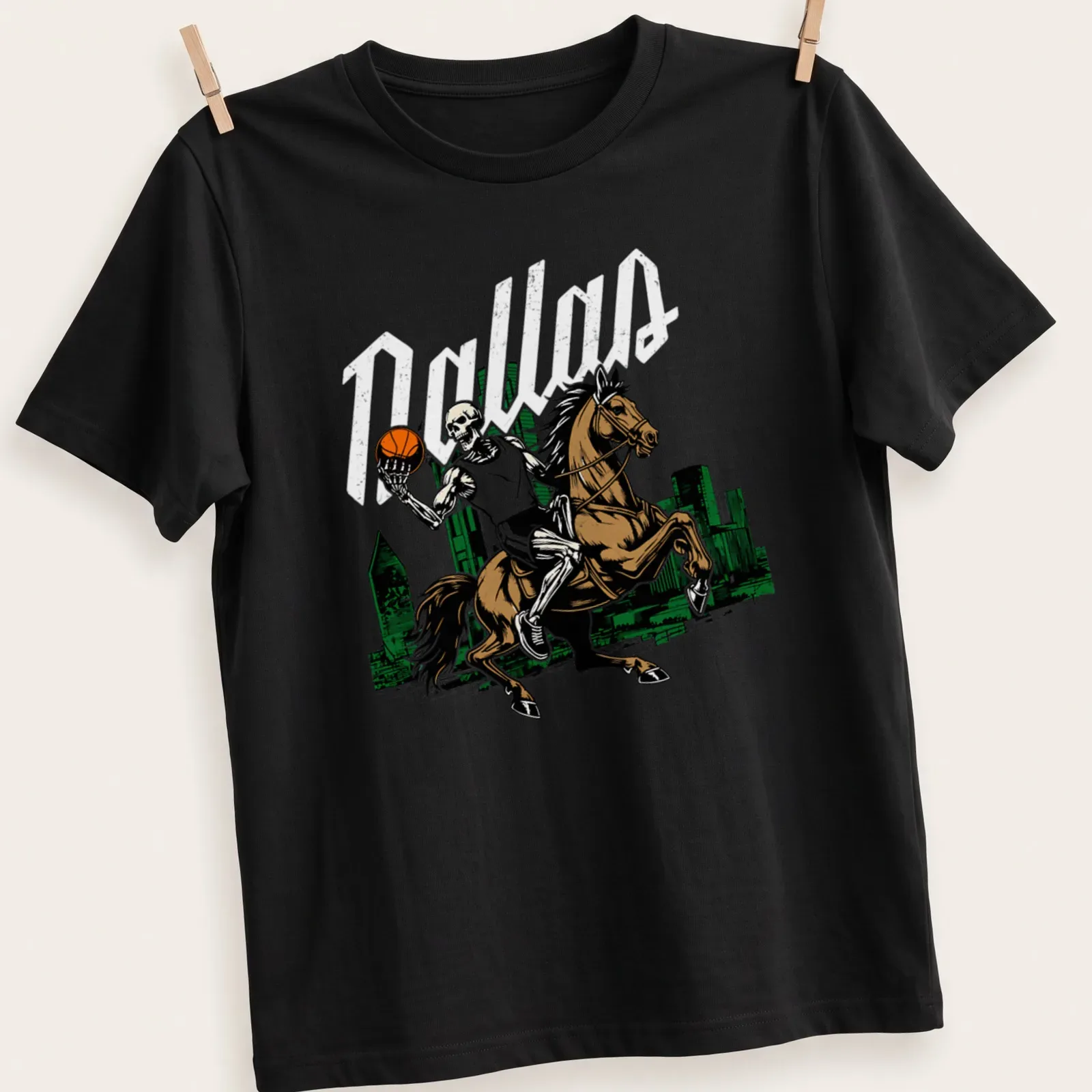 Vintage comic style Skeleton Rider graphic with basketball and Dallas text — printed on a unisex t-shirt