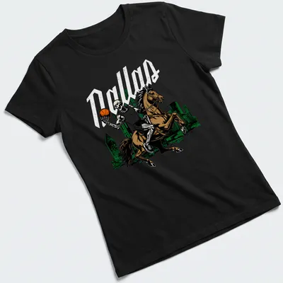 Vintage comic style Skeleton Rider graphic with basketball and Dallas text — printed on a women's shirt